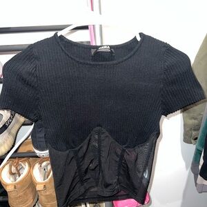 Elegant Black Ribbed Crop Top with Mesh Accents